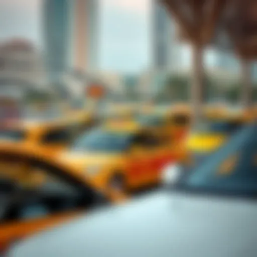 Different types of taxis in Dubai lined up at a station