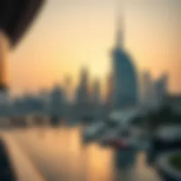 View of Dubai skyline with currency symbols